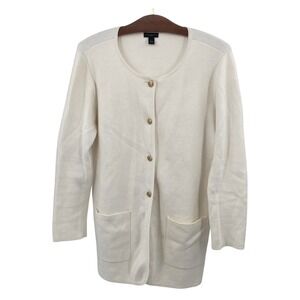 Ann Taylor Factory Cream Button Front Knit Cardigan Pockets Classic Women's L